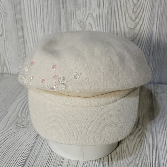 Nine & Co. Ivory Wool Blend Newsboy Cap with Floral Sequin Detail - Picture 2 of 10